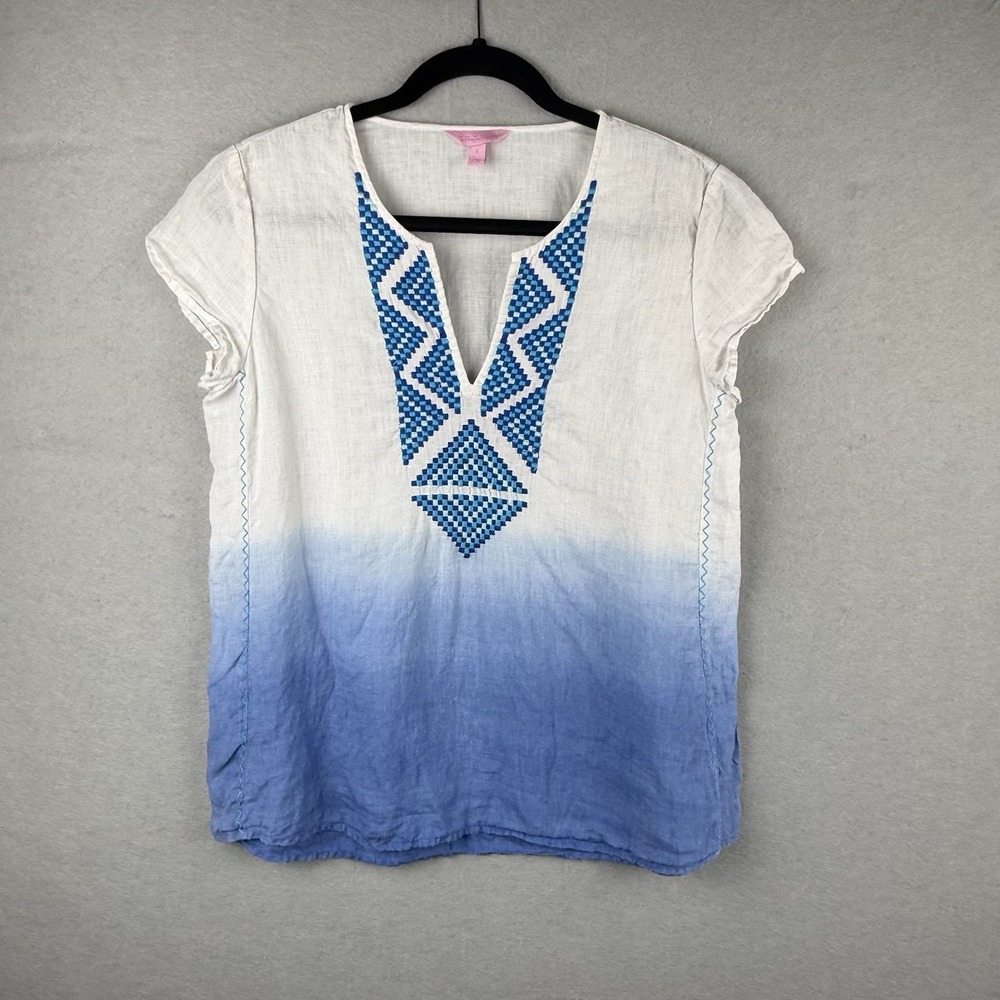 Lilly Pulitzer‎ Breakers Row Ombre Linen Tunic Top Embroidered Blue Crush Large